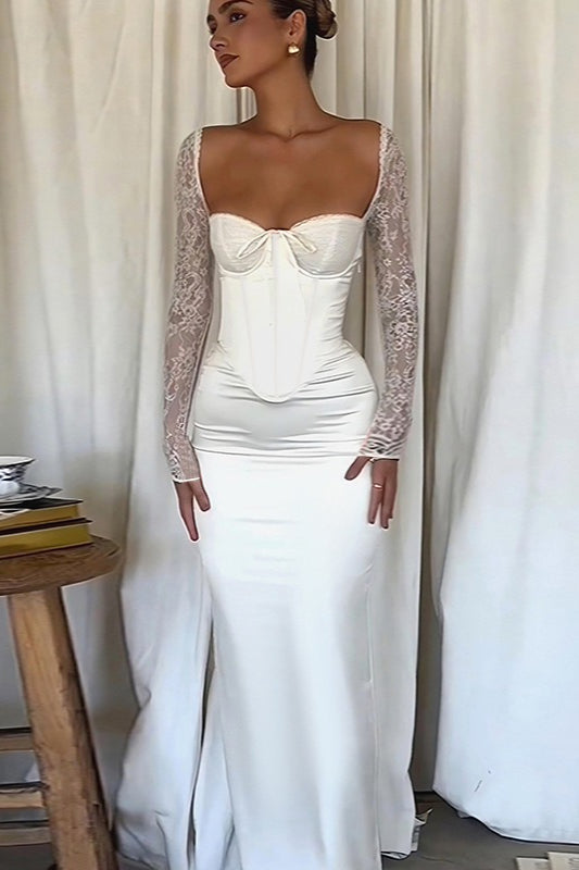 Lace Corset Sweetheart Long Sleeve Satin Mermaid Maxi Formal Gown
