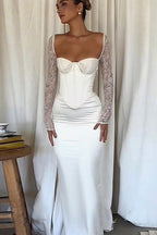 Lace Corset Sweetheart Long Sleeve Satin Mermaid Maxi Formal Gown
