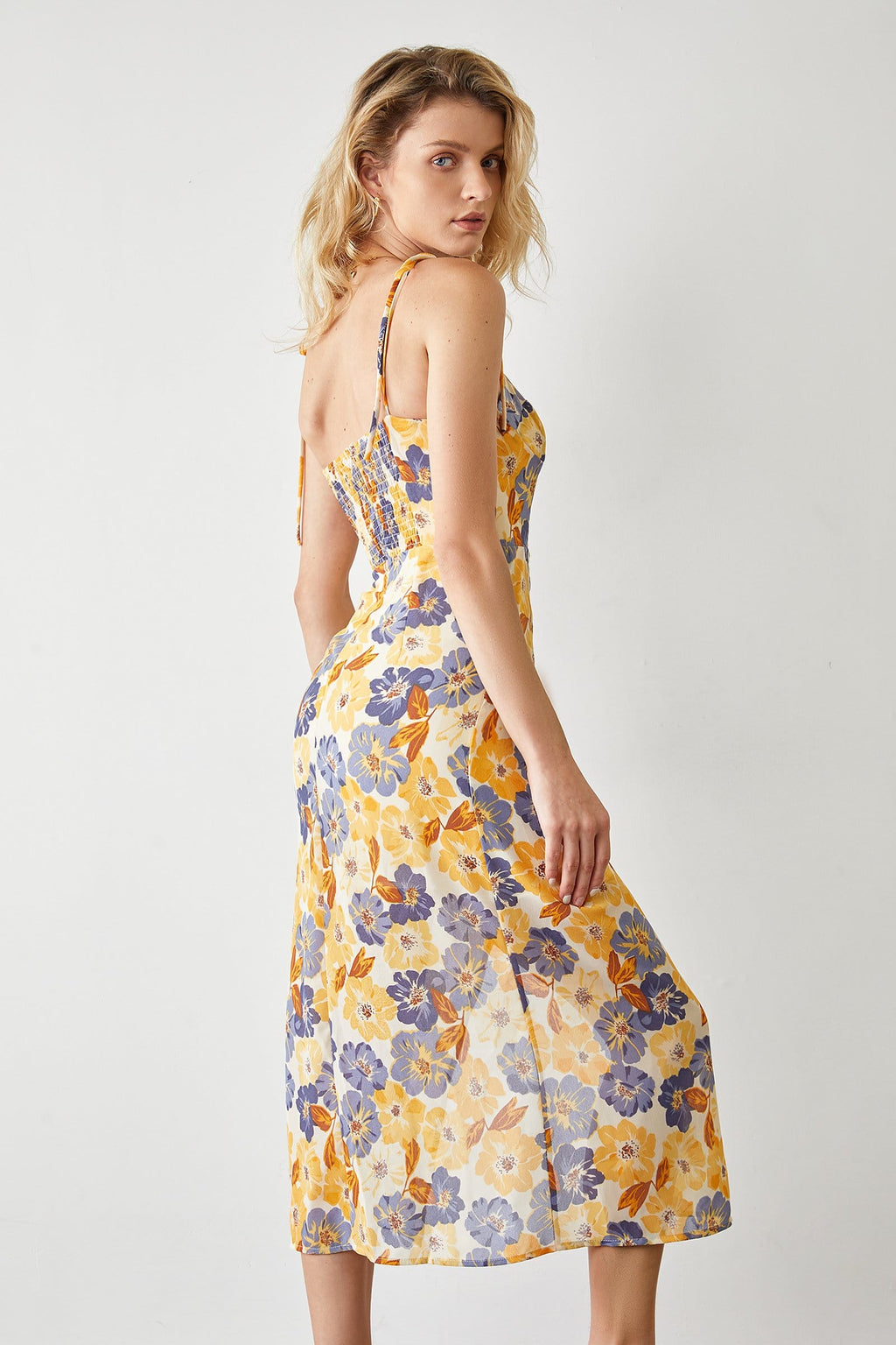 Tie Shoulder Floral Bustier Sweetheart Side Slit Midi Dress
