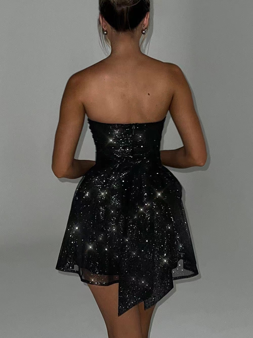 Sequin Strapless Ruched Bodice Mesh Overlay Flared Mini Dress
