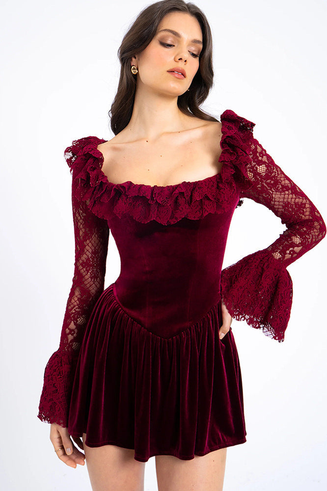 Red Velvet Bell Sleeve Bodycon Dress