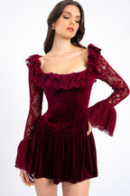 Red Velvet Bell Sleeve Bodycon Dress