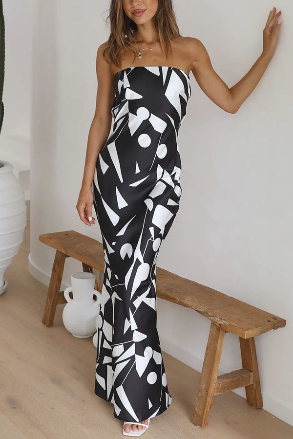 Strapless Geometric Print Satin Column Maxi Dress