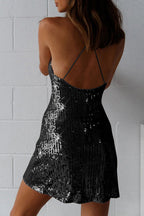 Sequin Spaghetti Strap Deep V-Neck Bodycon Mini Dress
