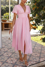 Puff Sleeve V-Neck Smocked Waist Button Front A-Line Maxi Dress