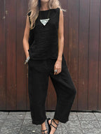 Casual Solid Color Sleeveless Vest & Pants Cotton Linen Two-piece Set