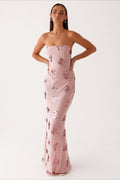 Pink Strapless Sequin Floral Embroidery Column Maxi Dress