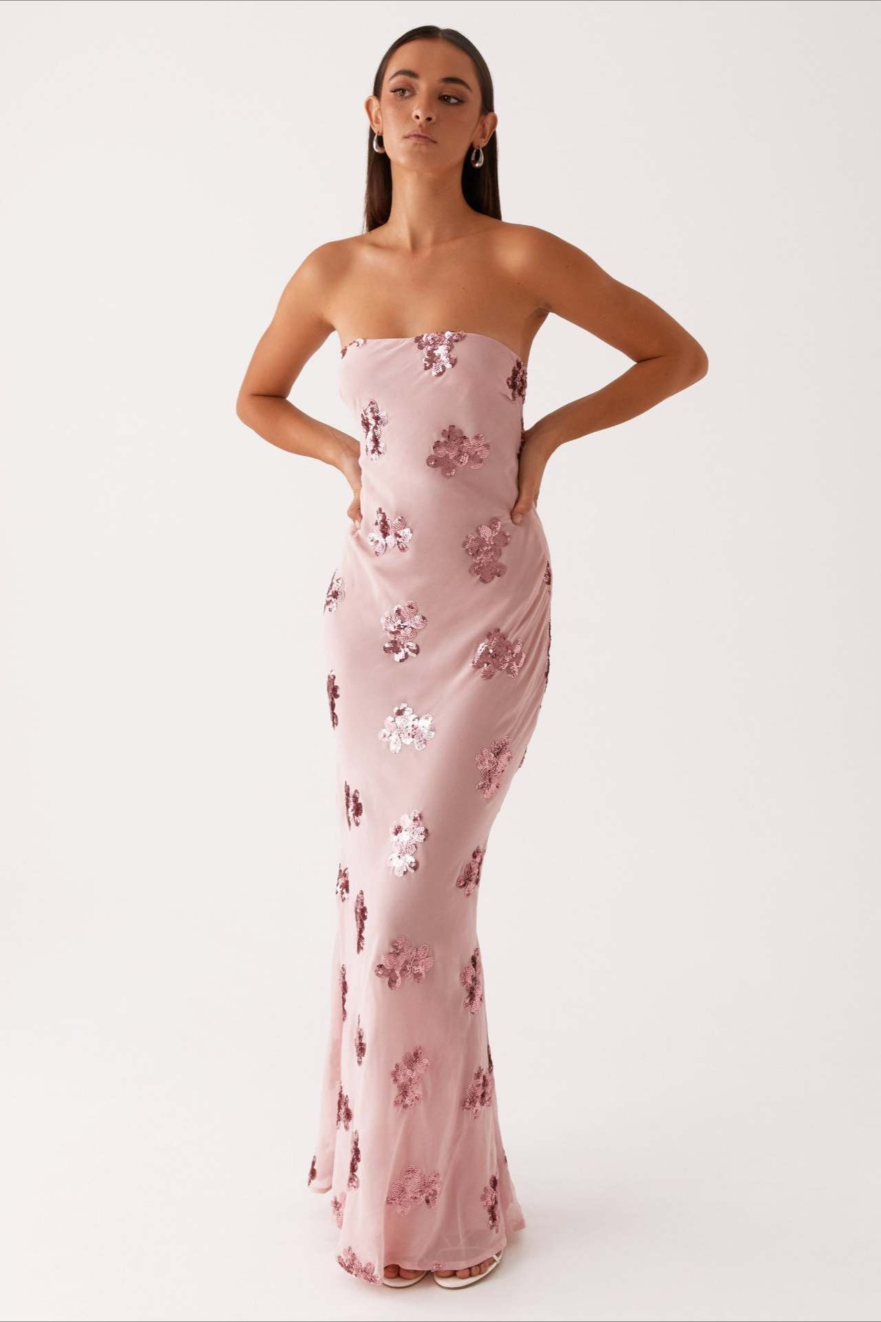 Pink Strapless Sequin Floral Embroidery Column Maxi Dress