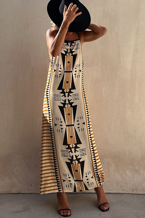 Geometric Tribal Print Square Neck Spaghetti Strap Maxi Dress