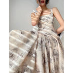 Square Neck Wide Strap Print Pleated Bodice A Line Midi Dress
