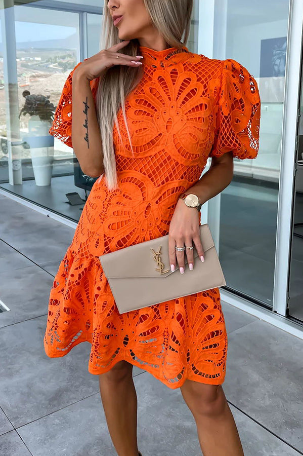 Crochet Lace Mock Neck Puff Sleeve Ruffle Hem Mini Dress