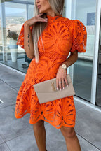 Crochet Lace Mock Neck Puff Sleeve Ruffle Hem Mini Dress