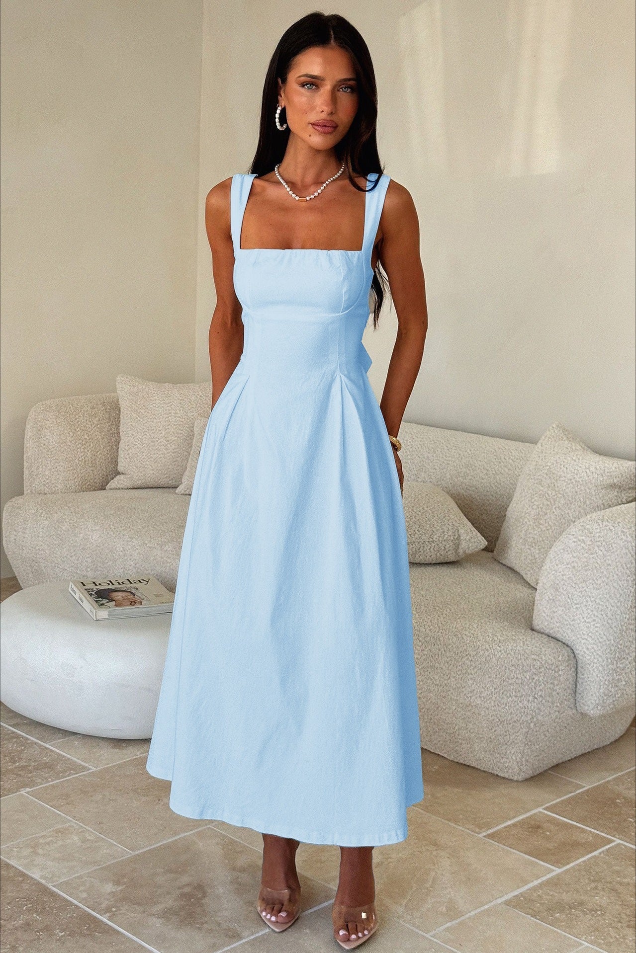 Square Neck Gathered Bust Wide Strap Pleated Pocket Midi Dress