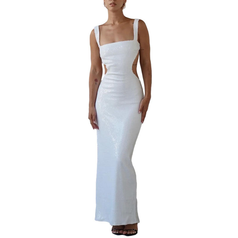 Edith Chic Charming Sequin Sling Square Collar Backless Dress Skirt Evening Wear Edit