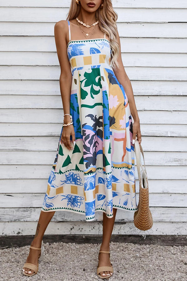 Abstract Floral Print Square Neck Spaghetti Strap Smocked Back Pocket Midi Dress
