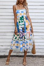 Abstract Floral Print Square Neck Spaghetti Strap Smocked Back Pocket Midi Dress