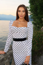 Polka Dot Puff Shoulder Long Sleeve Waistband Ruffle Hem Midi Dress
