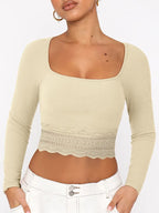 Solid Color Lace Hem Square Neck Crop Long Sleeve Knit