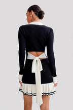 Rib Knit Contrast Collar Pearl Button Ruffle Hem Mini Dress