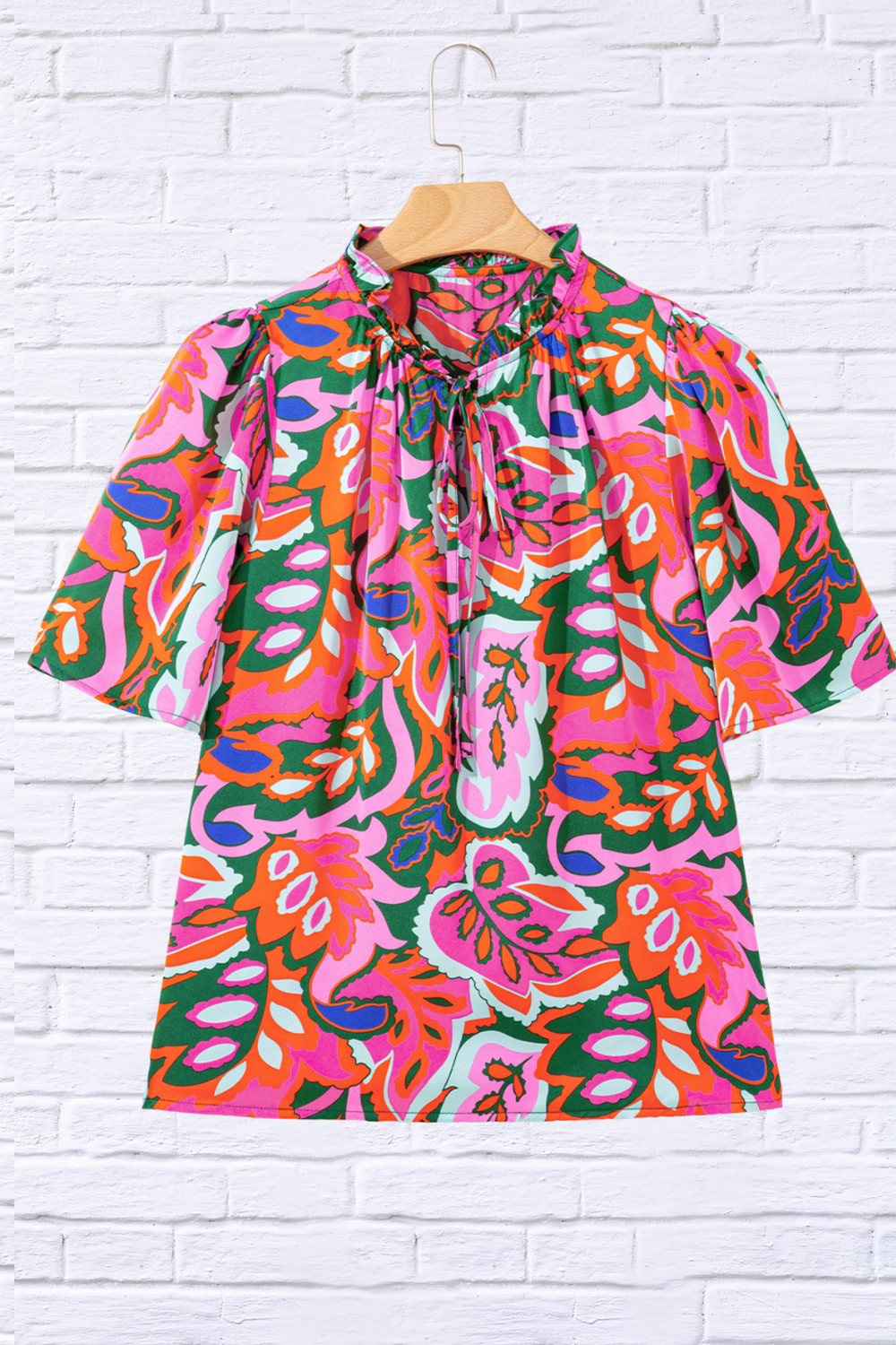 Tropical Print Short Sleeve Tie Neck Blouse _ Multicolor