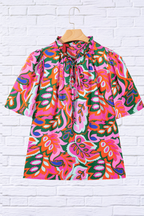 Tropical Print Short Sleeve Tie Neck Blouse _ Multicolor