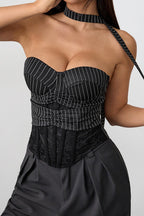Stripe Lace Trim Backless Corset Crop Top