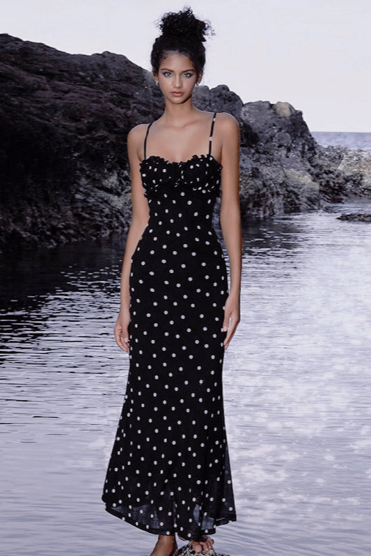 Black Polka Dot Backless Cami Bodycon Maxi Dress