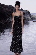 Polka Dot Sweetheart Ruffle Neck Spaghetti Strap Bodycon Maxi Dress