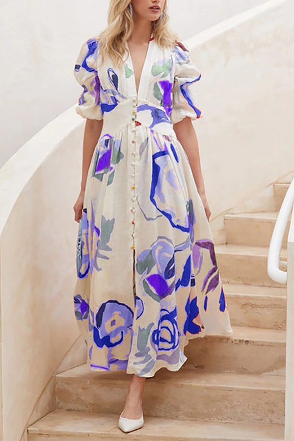 Abstract Watercolor Floral Puff Sleeve Button Maxi Dress