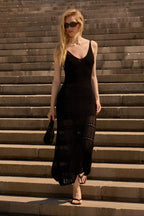 V-Neck Spaghetti Strap Pointelle Openwork Knit Tiered Maxi Sweater Dress