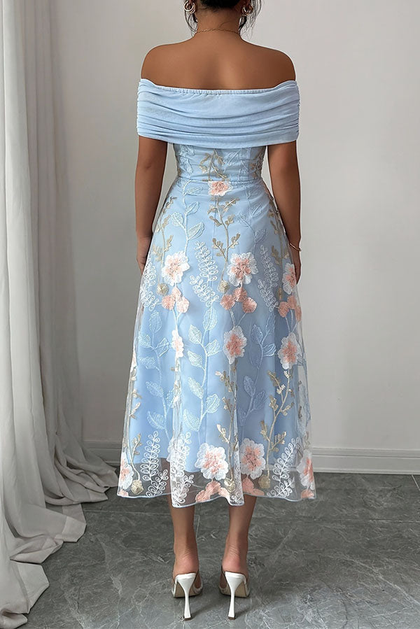 Elegant Ruched Off-Shoulder Floral Appliqué Midi Dress