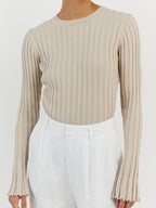 Solid Ribbed Crew Neck Long Sleeve Knit
