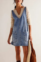 Denim Deep V-Neck Wide Strap Front Pocket Pinafore Mini Dress
