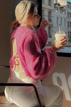 Crew-Neck Long-Sleeve Backless Tie-Knit Short Sweater