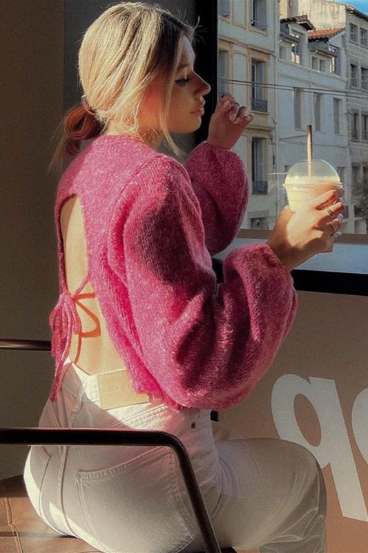 Crew-Neck Long-Sleeve Backless Tie-Knit Short Sweater