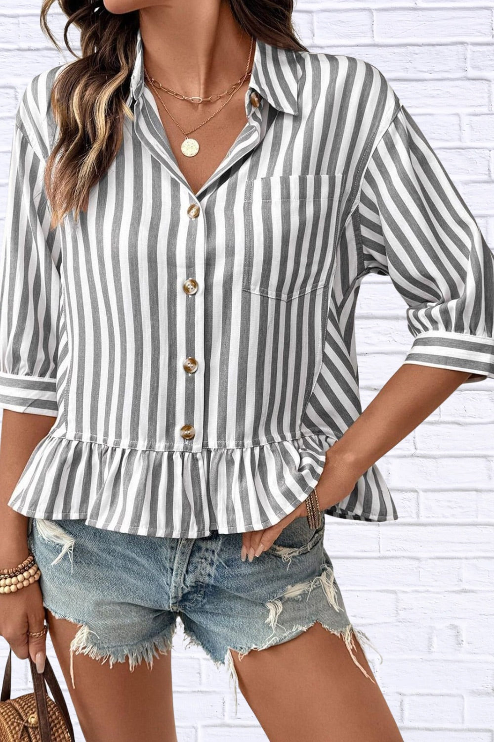 Striped Ruffle Hem Button-Down Shirt | Chic Women__ Top