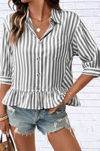 Striped Ruffle Hem Button-Down Shirt | Chic Women__ Top