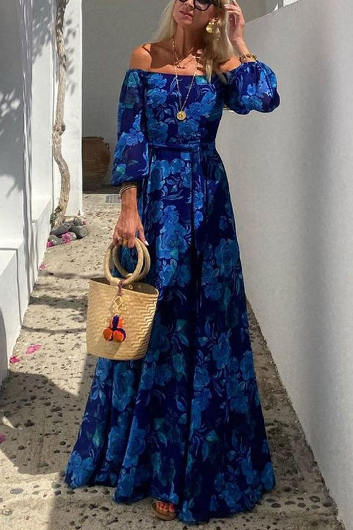 Off Shoulder Waisted Floral Maxi Swing Dress