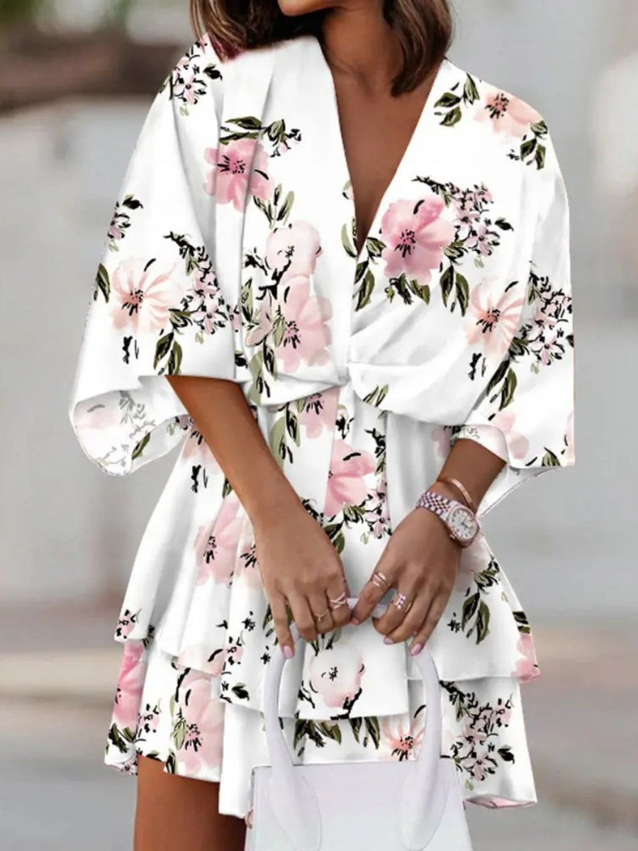 Loose-fit Batwing Sleeves Printed Commuting Mini&Short Dresses