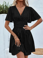 V-neck With Ruffled Sleeves Metallic Color Mini&Short Dresses