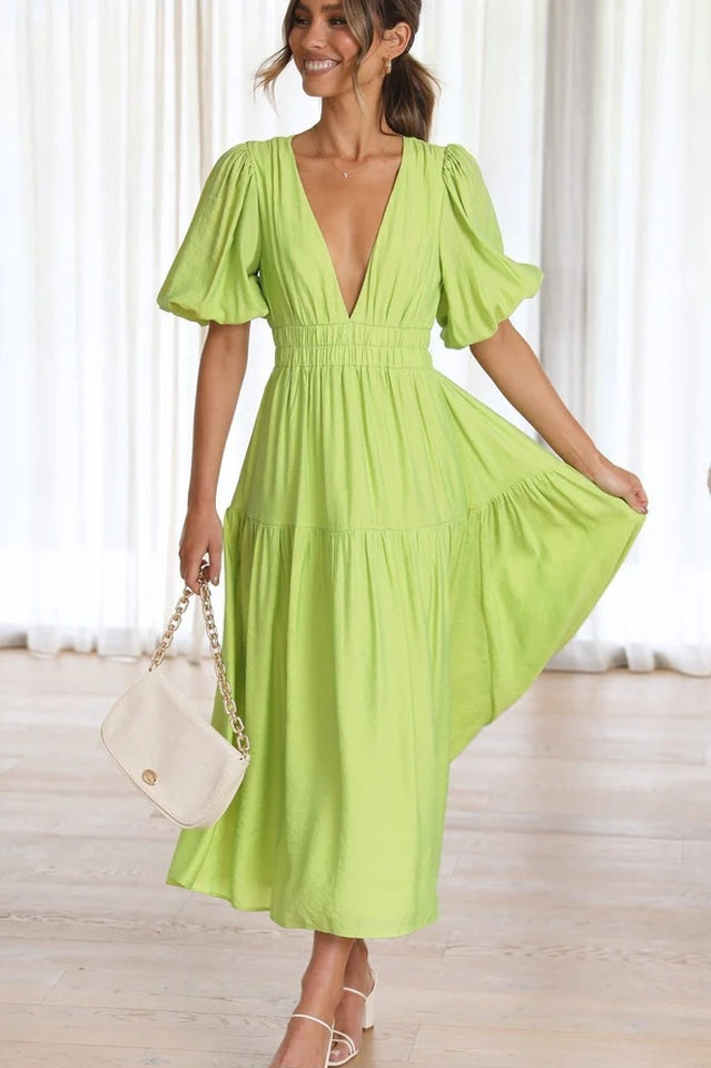 Deep V-Neck Smocked Waist Puff Sleeve Tiered Midi Dress