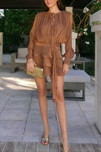 Lantern Long Sleeves Draped Ruffle Layered Mini Dress with Shorts