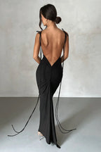 Tie Shoulder Deep Open Back Ruched Bodycon Maxi Dress