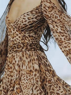 Off-shoulder Square Collar Big Swing Ruffle Leopard Print Mini&Short Dresses