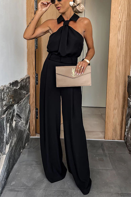 Collared Sleeveless Wide Leg Pocketed Jumpsuit