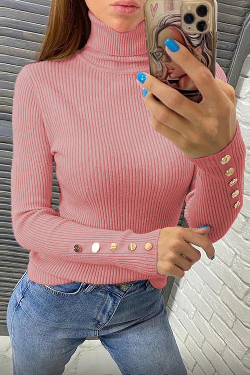Turtleneck Gold Buttons Ribbed Knit Top