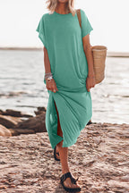 Solid Short Sleeve Side Split Maxi Casual Dress