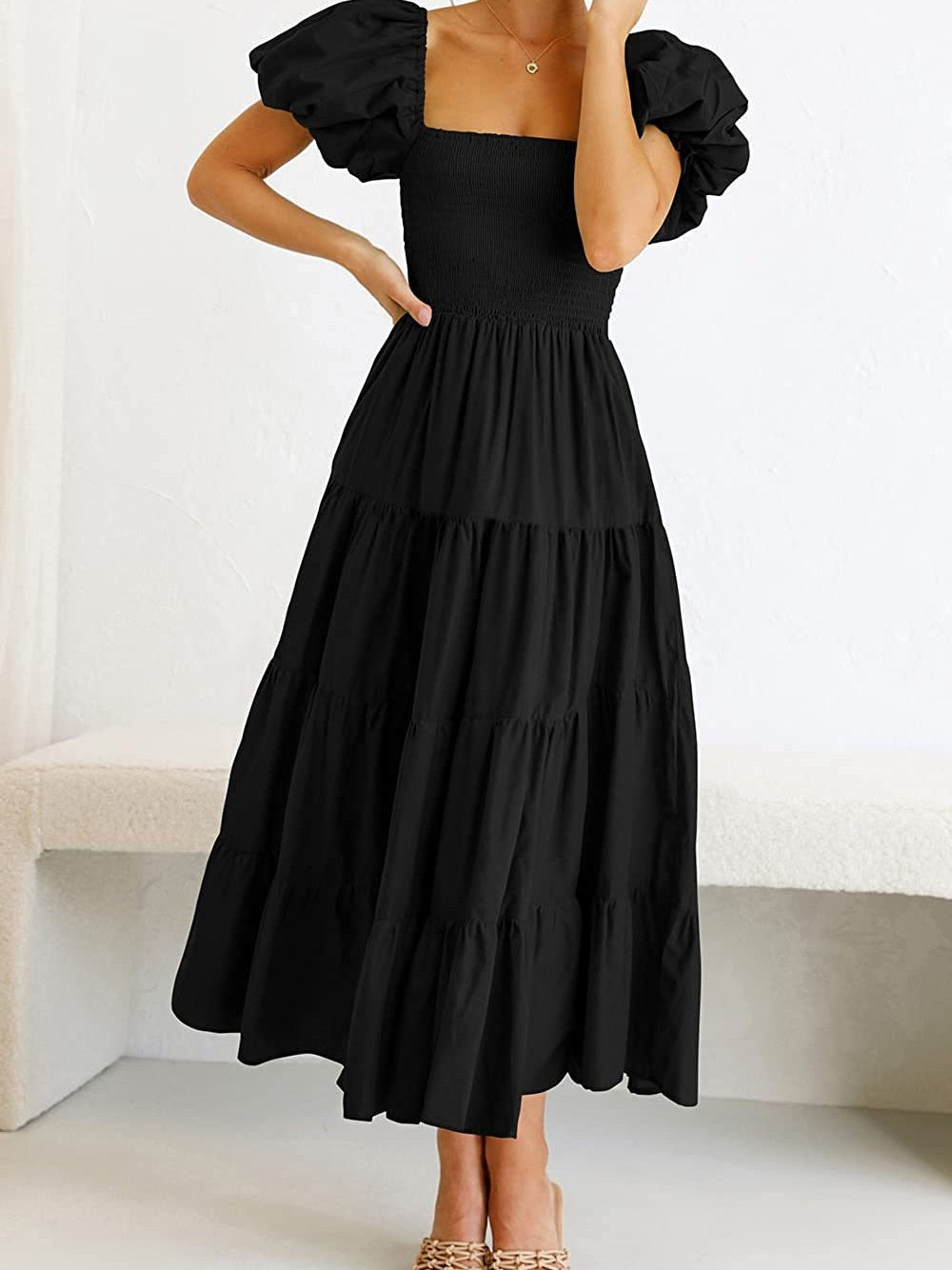 Square Neck, Backless, Puff Sleeve, Pleated Short-sleeved Long Dress