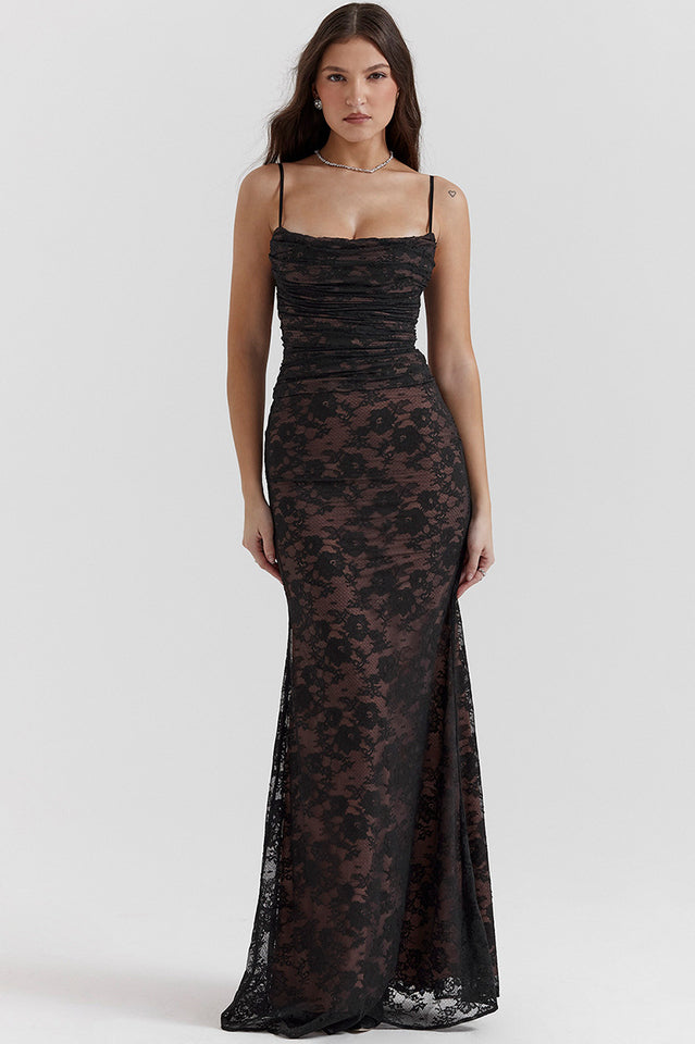 Square Neck Floral Lace Horizontal Ruching Long Sleeve Maxi Gown