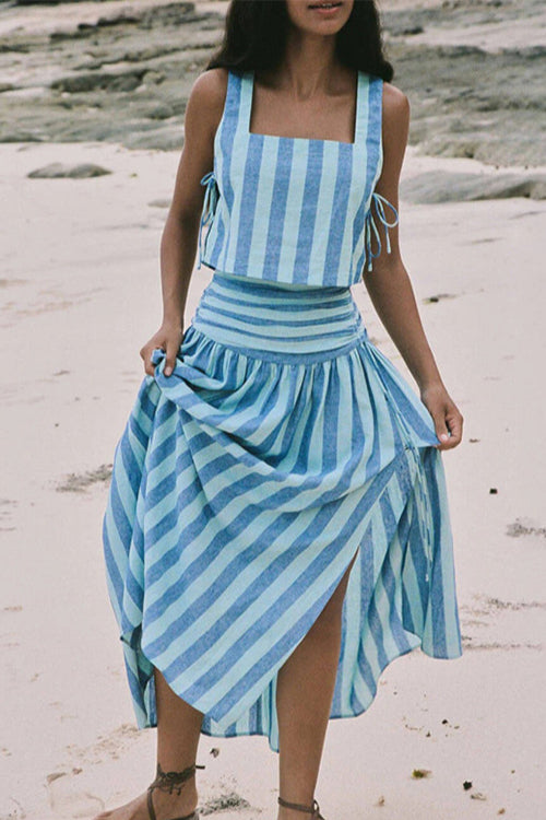 Striped Square Collar Crop Tank Top and Slit Maxi Skirt Set